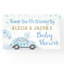車で車の男の子の赤ちゃんシャワーありがとう青金ゴールド