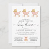 車で通り抜けるベビーガールシャワーレトロ車ピンク 招待状 (正面)