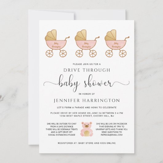 車で通り抜けるベビーガールシャワーレトロ車ピンク 招待状 (正面)
