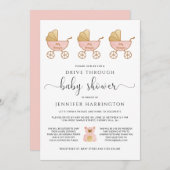 車で通り抜けるベビーガールシャワーレトロ車ピンク 招待状 (正面/裏面)