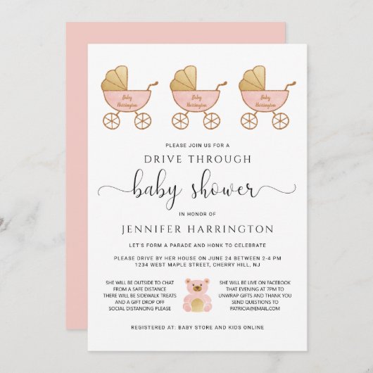 車で通り抜けるベビーガールシャワーレトロ車ピンク 招待状 (正面/裏面)
