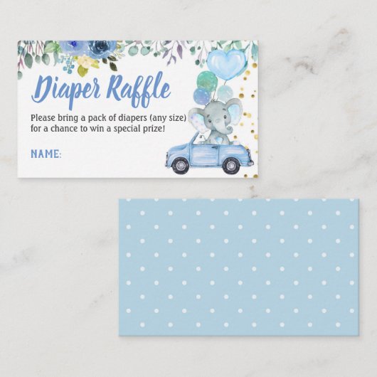 車で通る男の子の赤ちゃんシャワーおむつラッフルチケット エンクロージャーカード (正面/裏面)