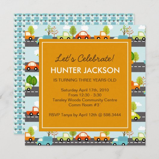 車とトラックの誕生日パーティーの招待 招待状 (正面/裏面)