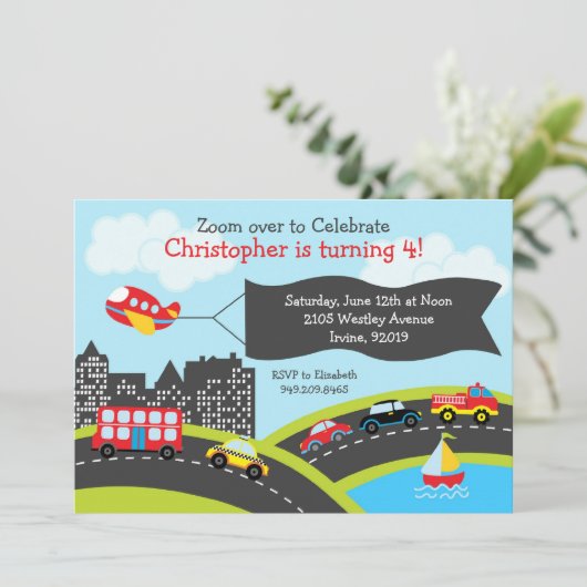 車とトラックの誕生日パーティーの招待 招待状 (スタンド正面)