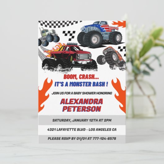 車とトラックの赤ちゃんシャワー男の子ブームのクラッシュ 招待状 (スタンド正面)