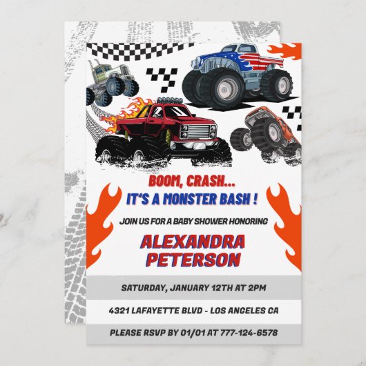 車とトラックの赤ちゃんシャワー男の子ブームのクラッシュ 招待状 (正面/裏面)