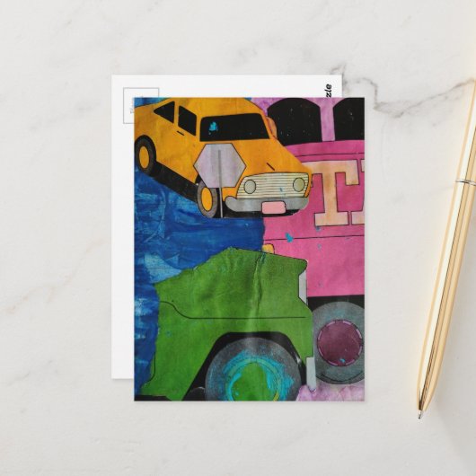 車とトラックの鮮やかな色のコラージュアート ポストカード (正面/裏面インサイチュ)