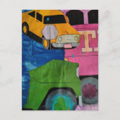 車とトラックの鮮やかな色のコラージュアート ポストカード (正面)