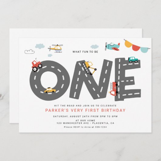 車とトラック市交通第一誕生日 招待状 (正面/裏面)