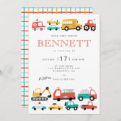 車とトラック市交通誕生日パーティー 招待状 (正面/裏面)