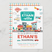 車とトラック市交通誕生日パーティー 招待状 (正面/裏面)