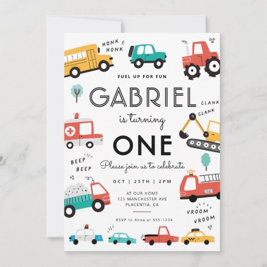 車とトラック市交通誕生日パーティー 招待状 (正面)