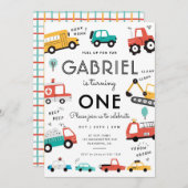 車とトラック市交通誕生日パーティー 招待状 (正面/裏面)