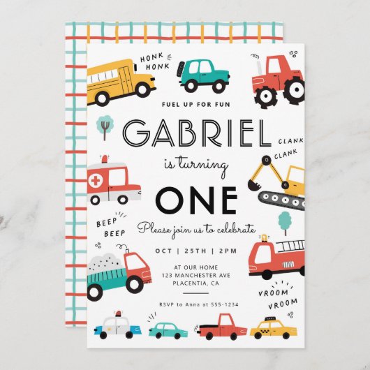 車とトラック市交通誕生日パーティー 招待状 (正面/裏面)