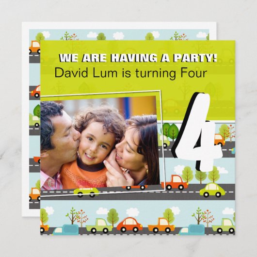 車とトラック男の子の誕生日パーティーへの招待 招待状 (正面/裏面)