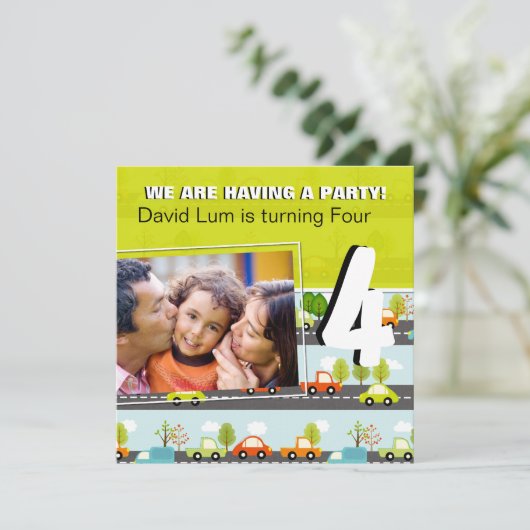 車とトラック男の子の誕生日パーティーへの招待 招待状 (スタンド正面)