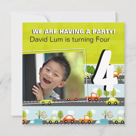 車とトラック |男の子の誕生日パーティーの招待 招待状 (正面)