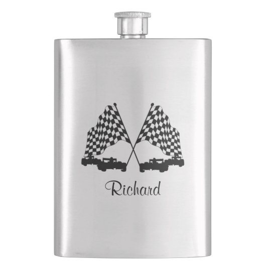 車とフラ市松模様にグ・レースパーソナル フラスク (正面)