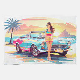 車と夢の自然の女の子 キッチンタオル