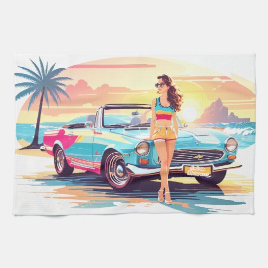 車と夢の自然の女の子 キッチンタオル (横)