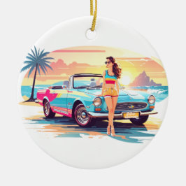 車と夢の自然の女の子 セラミックオーナメント