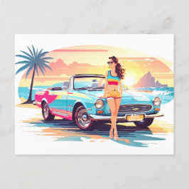 車と夢の自然の女の子 ポストカード