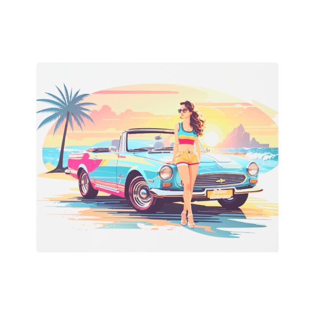 車と夢の自然の女の子 メタルプリント (正面)