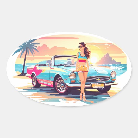 車と夢の自然の女の子 楕円形シール (正面)