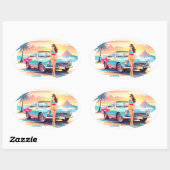 車と夢の自然の女の子 楕円形シール (シート)