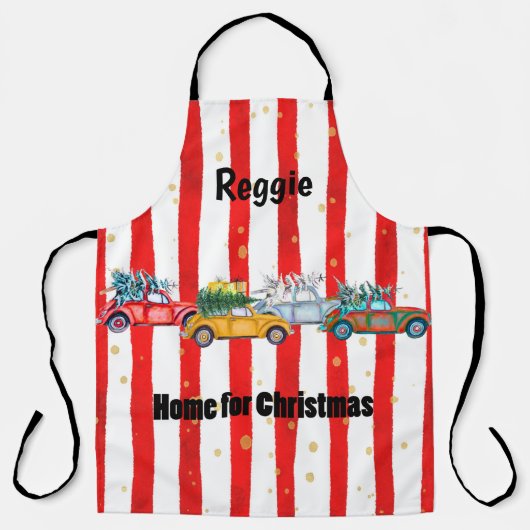 車と木ストライプのの赤いクリスマスデザイン エプロン (正面)