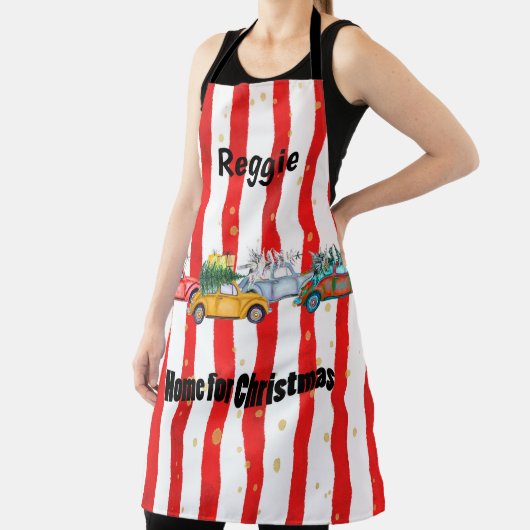 車と木ストライプのの赤いクリスマスデザイン エプロン (インサイチュ)