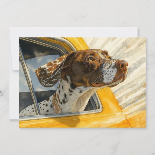 車に乗ったぶち犬のアートプリント カード (正面)