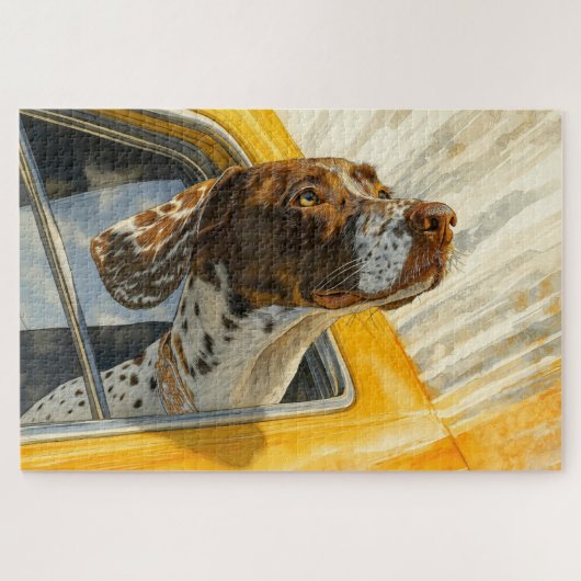 車に乗ったぶち犬のアートプリント ジグソーパズル (横)