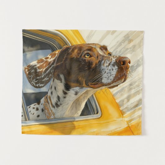 車に乗ったぶち犬のアートプリント タペストリー (正面(横))