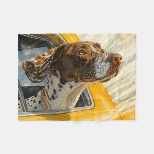 車に乗ったぶち犬のアートプリント フリースブランケット (正面(横))