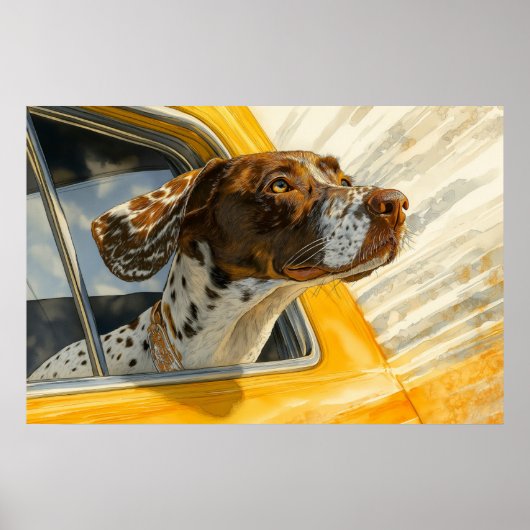 車に乗ったぶち犬のアートプリント ポスター (正面)