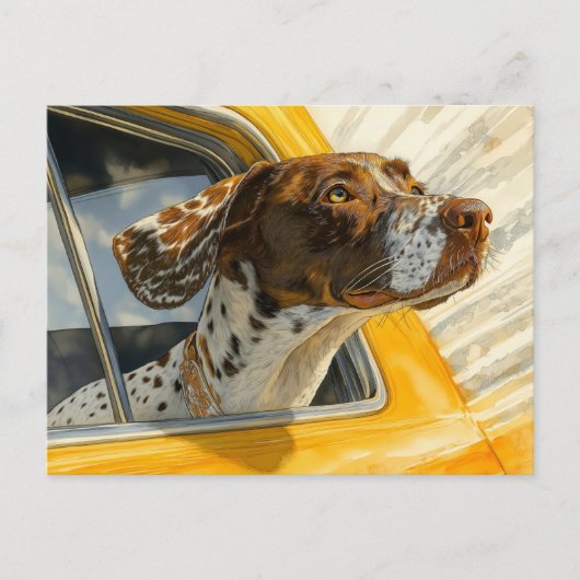 車に乗ったぶち犬のアートプリント ポストカード (正面)