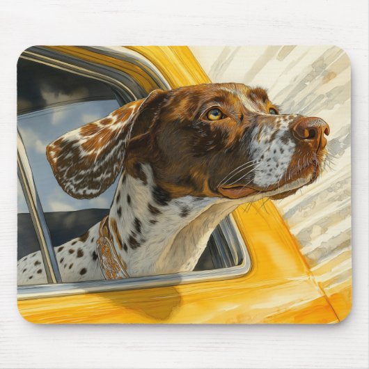 車に乗ったぶち犬のアートプリント マウスパッド (正面)