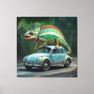 車に乗ったカメレオン鮮やか絵を描 キャンバスプリント
