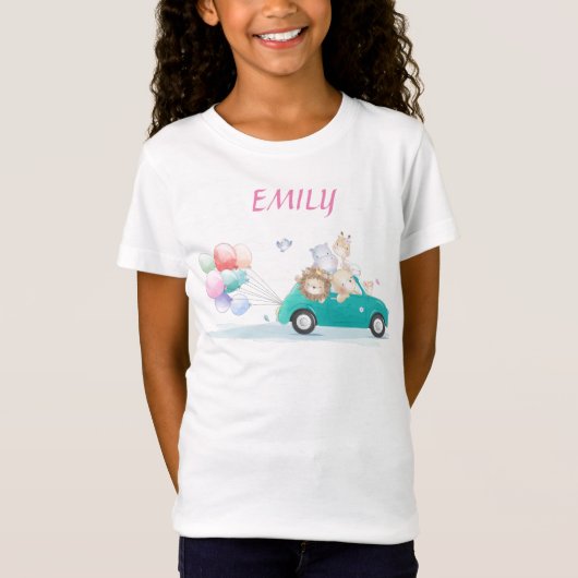 車に乗っているかわいい動物と風船の女の子Tシャツ Tシャツ (正面)