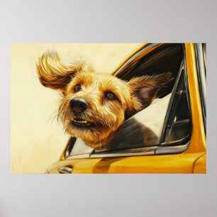 車に乗って楽しむ犬のアートプリント ポスター
