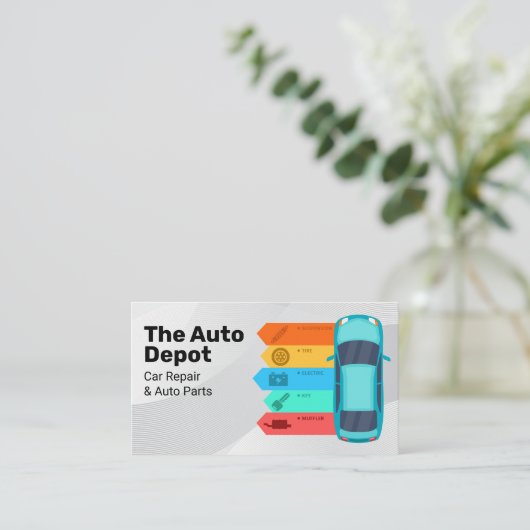 車のインフォグラフィック | 自動車部品サービス 名刺 (スタンド正面)