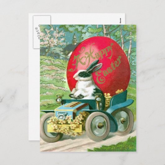 車のイースターエッグカードを運転するヴィンテージのイースターのウサギ シーズンポストカード (正面/裏面)