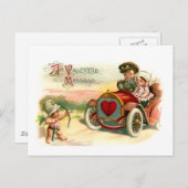 車のカップルのキューピッドの矢ポイント シーズンポストカード (正面/裏面)