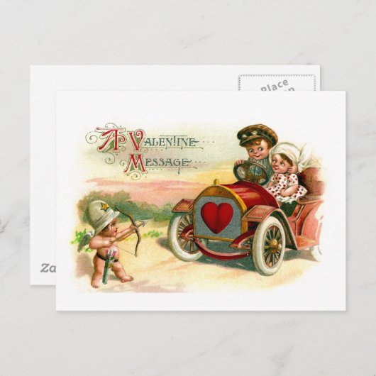 車のカップルのキューピッドの矢ポイント シーズンポストカード (正面/裏面)