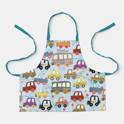 車のキッズブルー。オールオーバープリントエプロン エプロン (正面)