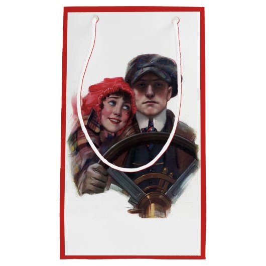 車のクラシックヴィンテージロマンチックな冬イラストレーション スモールペーパーバッグ (正面)