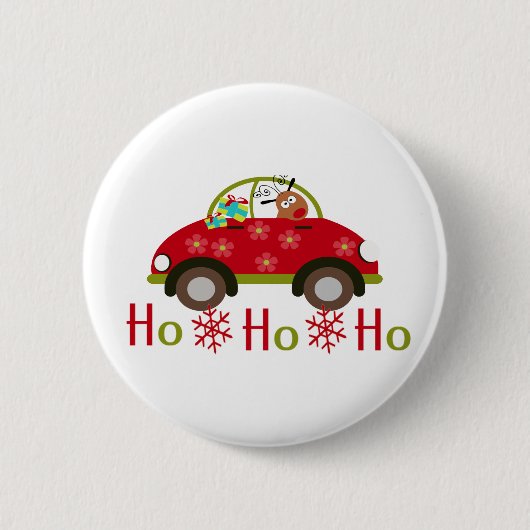 車のクリスマスのおもしろいなトナカイHO HO HO 缶バッジ (正面)