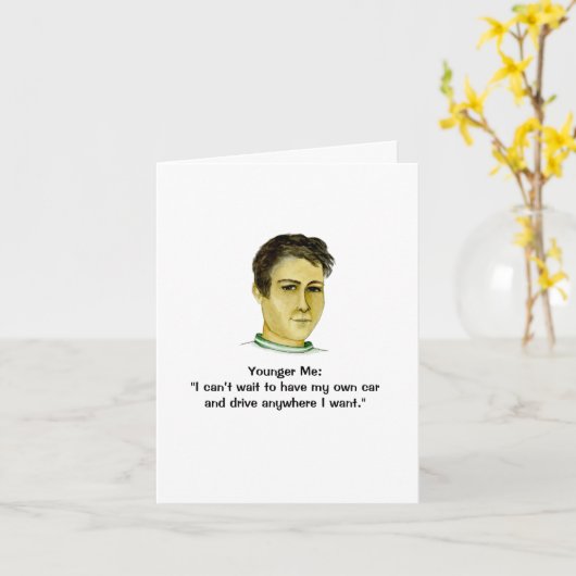 車のグリーティングカードを運転する若い人と年上の人 カード (黄色い花)