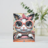 車のコラージュを運転するかわいいウサギ ポストカード (スタンド正面)